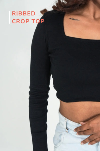 Ribbed Full Sleeve Crop Top – Black