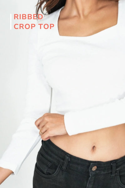 Ribbed Full Sleeve Crop Top – White