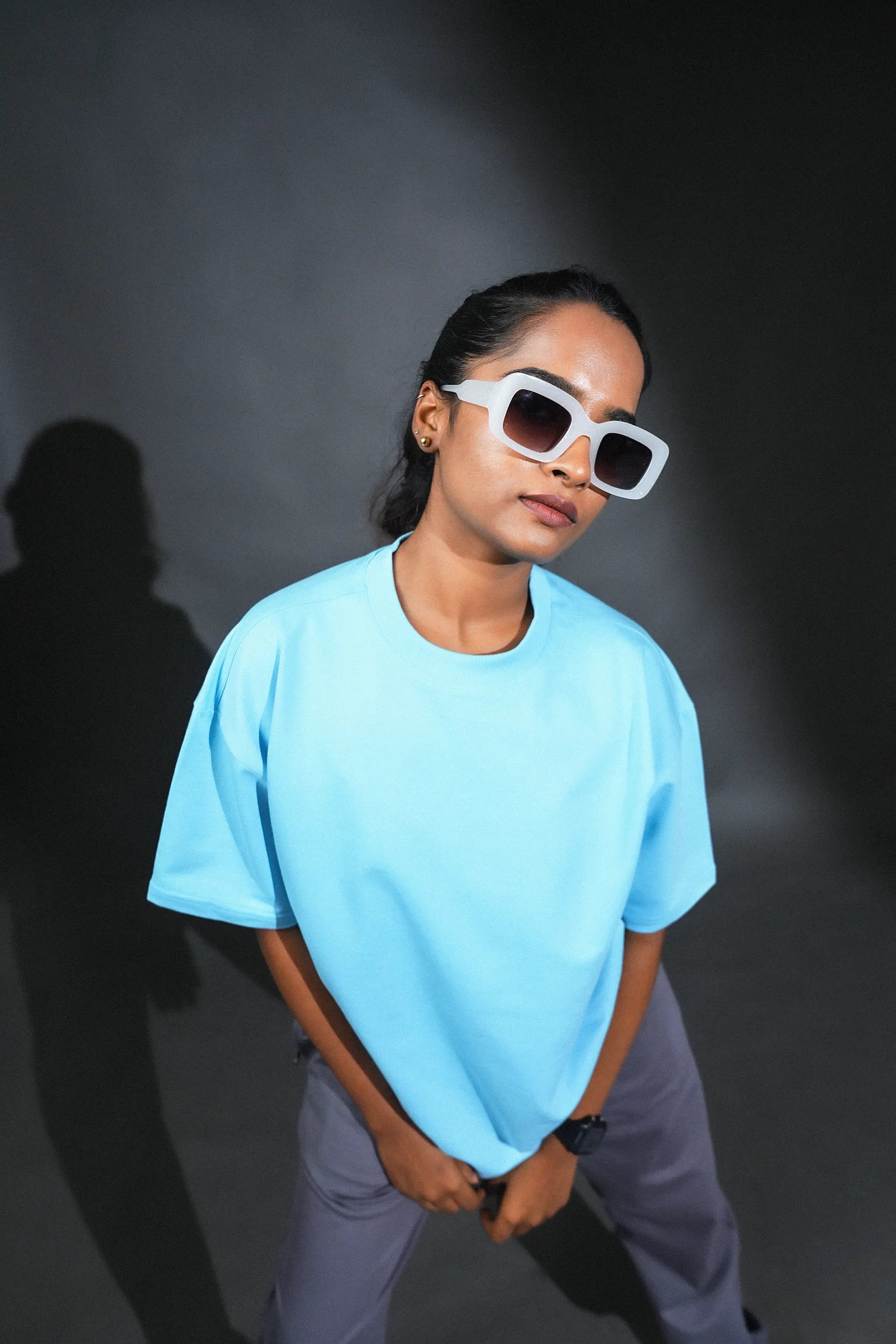 Solid Crew Neck Oversized Tee – Ice Blue