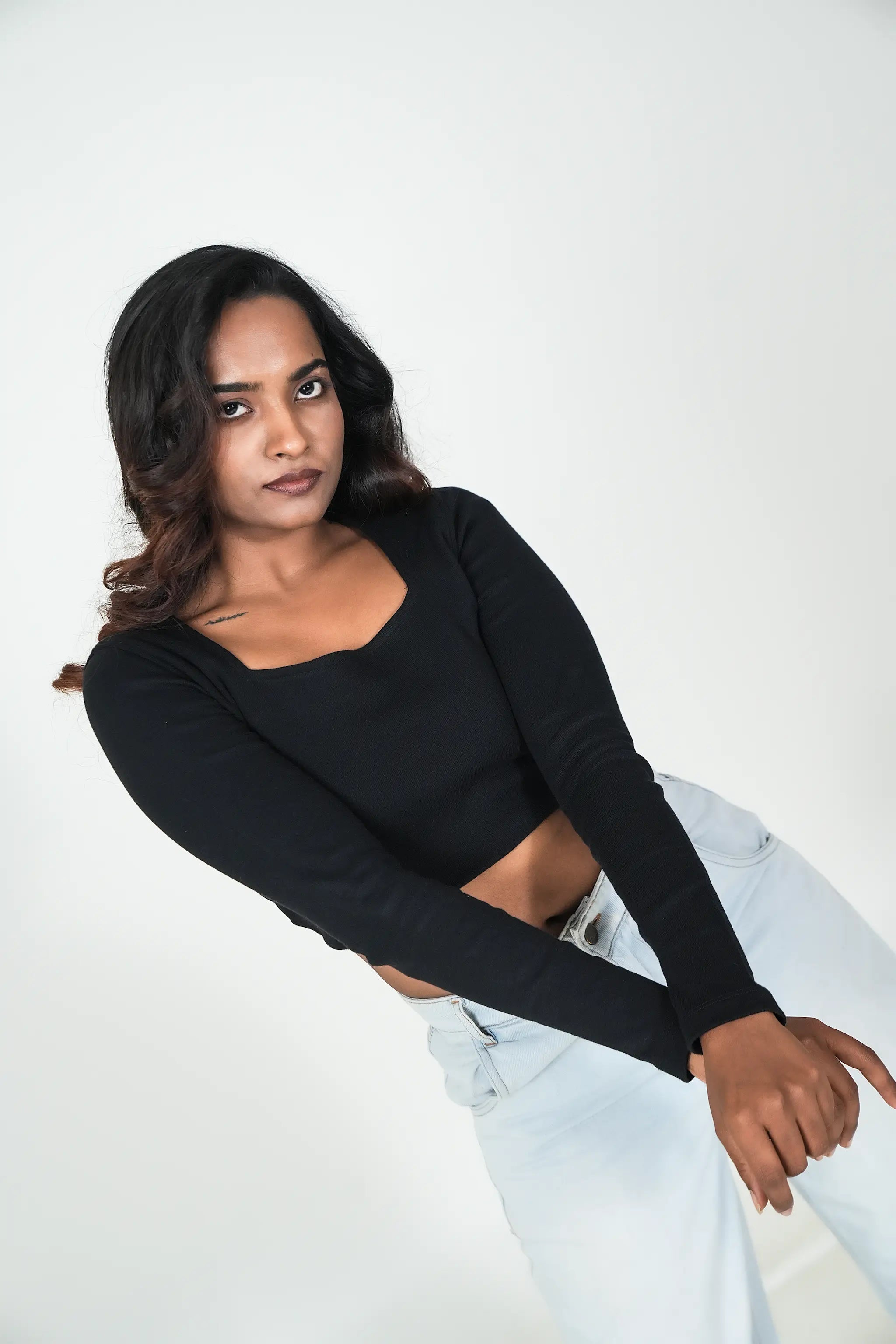 Ribbed Full Sleeve Crop Top – Black