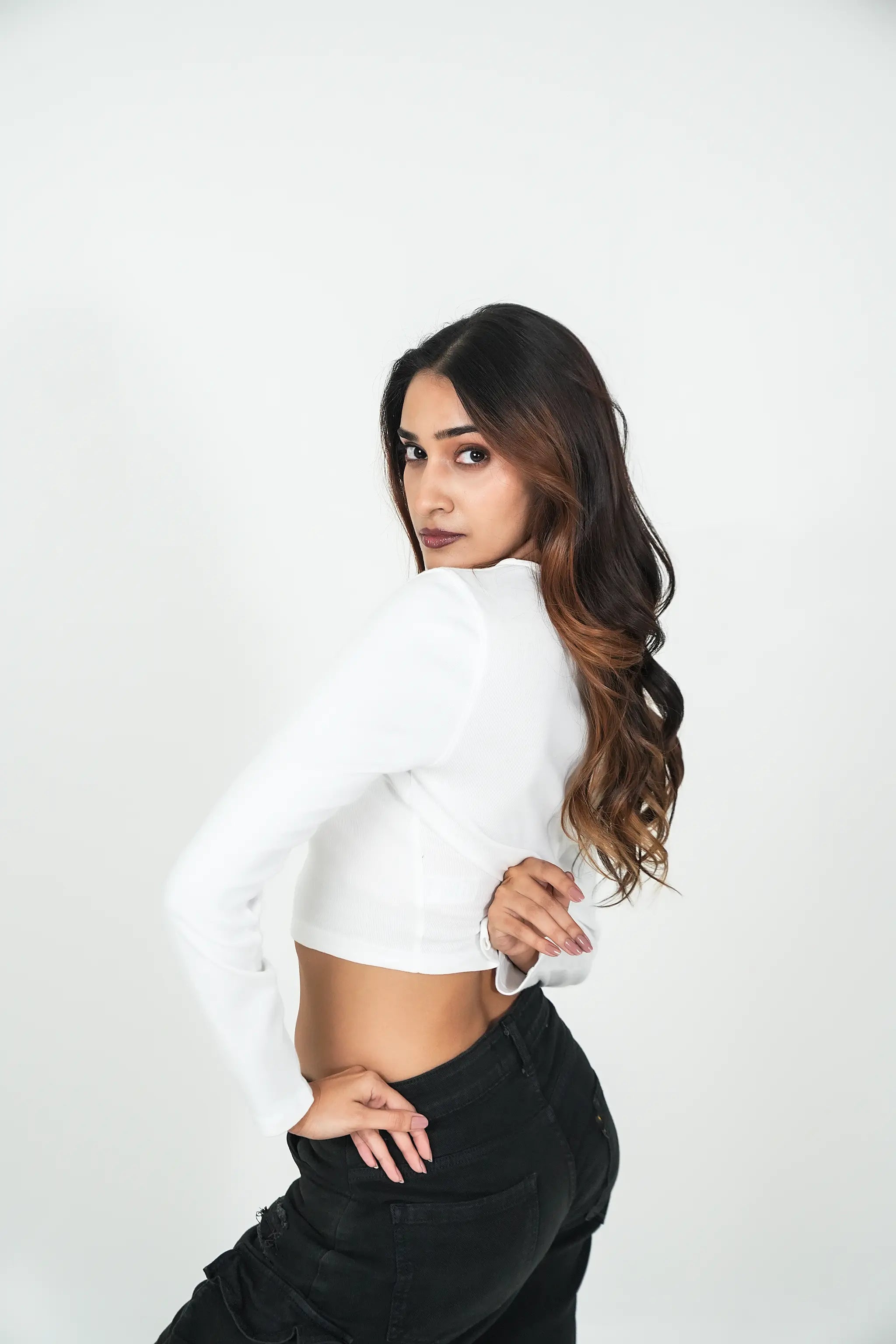 Ribbed Full Sleeve Crop Top – White