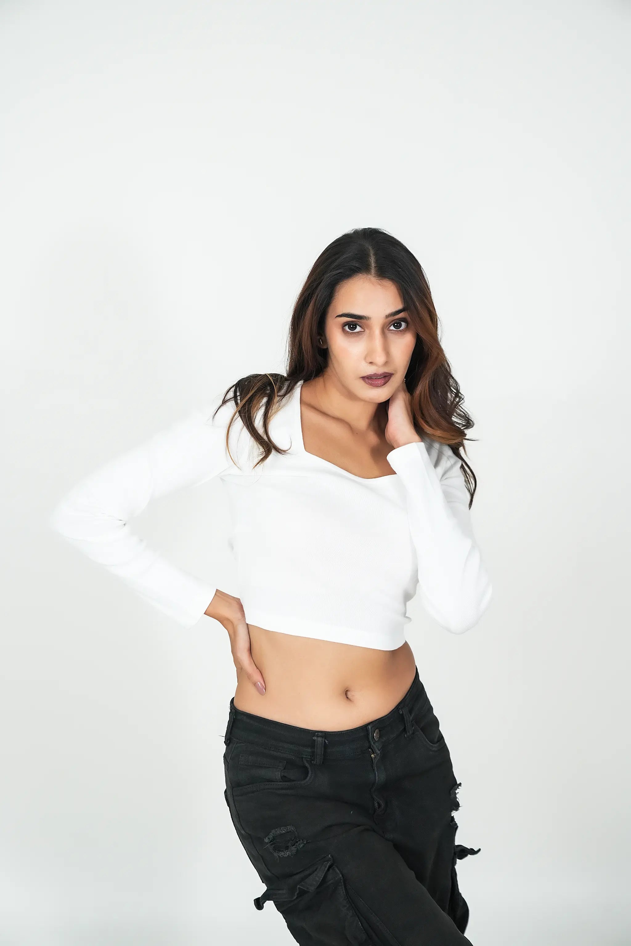 Ribbed Full Sleeve Crop Top – White