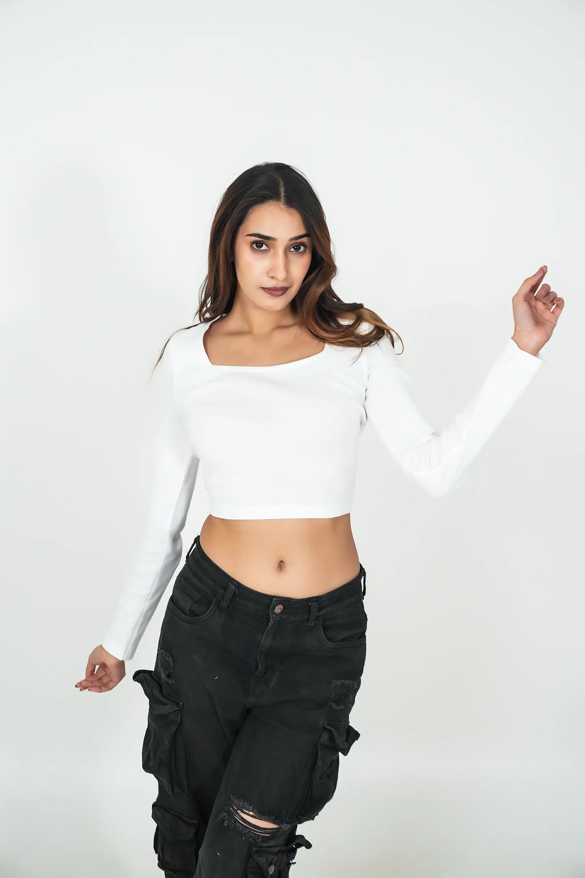 Ribbed Full Sleeve Crop Top – White